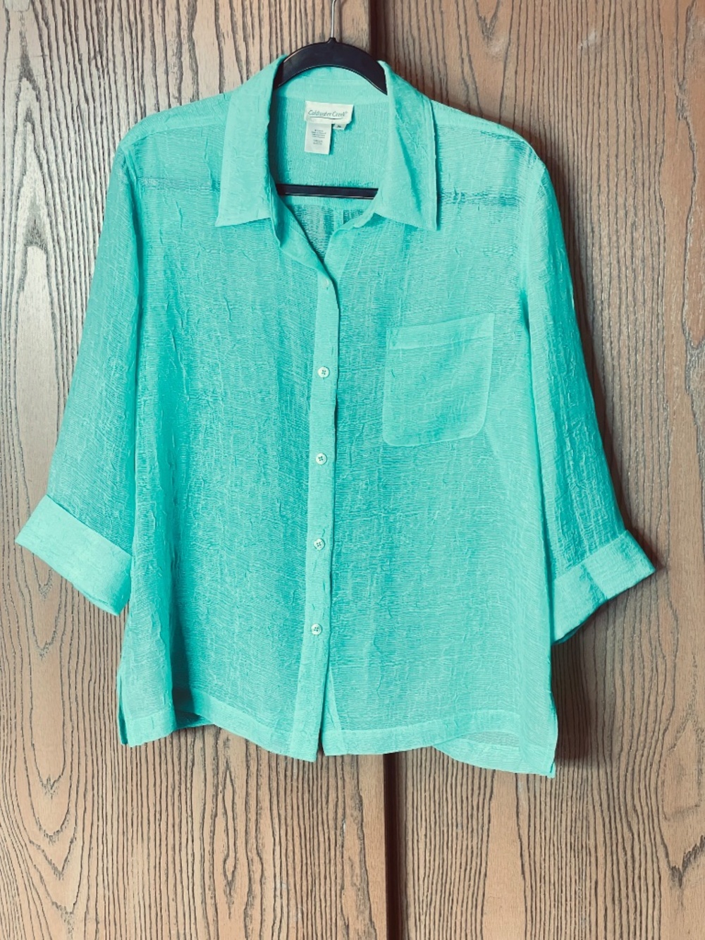 COLDWATER CREEK SEMI-SHEER XL BUTTON FRONT TOP SHIRT 3/4 SLEEVES TEAL - Picture 2 of 8